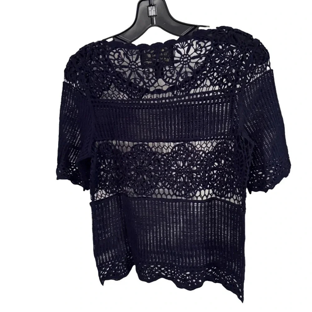 NWOT ANTHROPOLOGIE James Coviello Navy Crocheted Lace Short Sleeve Top, XS